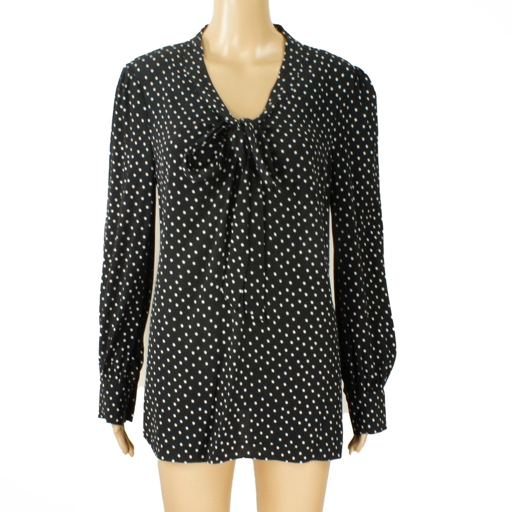 Kate Spade Tie Up Neck Collar Black White Polka Dot Long Sleeve Blouse Top
